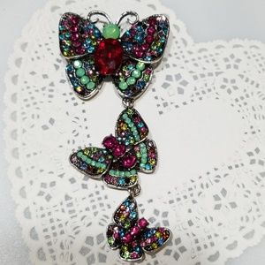 3 Tier Silver Tone Metal with Colorful Rhinestones Butterfly Pin